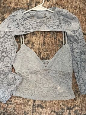 Beginning Boutique Light Blue Lace Long Sleeve Crop Top